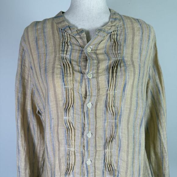 CP Shades Linen Button Up Blouse Size Small Yellow Striped Boho Ruffle Details - Picture 4 of 16
